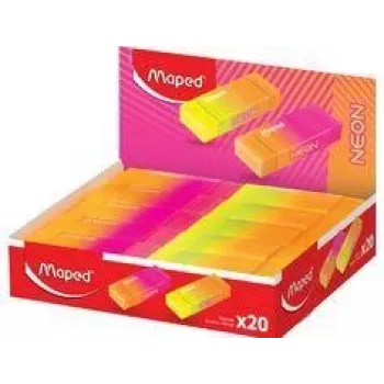 Maped NEON plastične radirke, razstavna škatla, 20 kosov, neon oranžna in neon roza, malo prahu, brez ftalatov, brez PVC 121901
