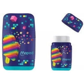 Maped Pixel Party kombinacija radirke in šilčka, dvojna luknja, prozorna posodica za ostružke, mešane barve 049223