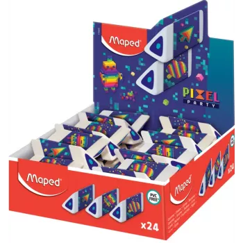Maped Pyramide PIXEL PARTY plastična radirka, bela, brez ftalatov in PVC, trikotni prerez, stojalo z 24 kosi 119523