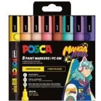POSCA PC-5M set pigmentnih markerjev, 8 barv, Manga Hero, srednja okrogla konica, vodoodporni, obstojni na svetlobo, brez vonja PC5M/8APF ASS74