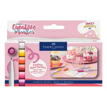 Faber-Castell Goldfaber Creative marker set, 6 barv, Sweet Moments, črnilo na vodni osnovi, brez vonja, odporen na brisanje, dvojna konica čopič in okrogla konica, etui za večkratno uporabo 160602