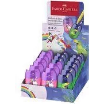 FABER-CASTELL dvojni šilček Box Dino/Unicorn, stojalo s posodico za ostružke za enostavno in čisto šiljenje, 18 kosov (183551)