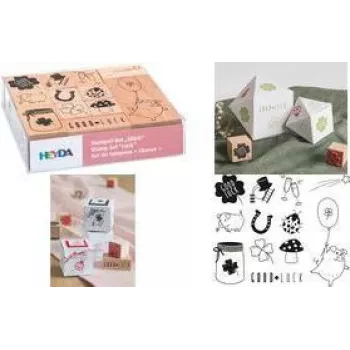 HEYDA set žigov z motivom sreče, prozorna škatla, leseni žigi, različne velikosti in dizajni, 1 set (204888666)