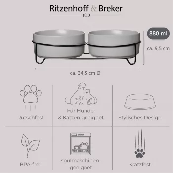 Ritzenhoff & Breker TARO komplet dvojne pasje posode, 880 ml, siva lončenina s črnim kovinskim stojalom 450521