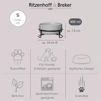 Ritzenhoff & Breker TARO komplet posod za hišne ljubljenčke, 400 ml, siva lončenina keramična posoda za mačke in majhne pse, voda in hrana, 1 kos (450514)