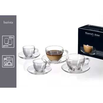 Ritzenhoff & Breker BARISTA komplet za kapučino, 4-delni, prozorno steklo, 220 ml skodelice, primerne za pomivalni stroj 822021