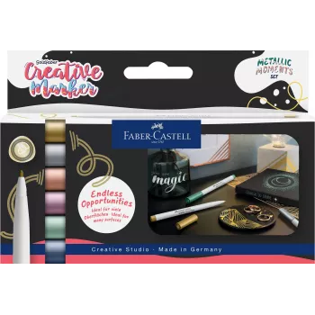 Faber-Castell Creative Marker Goldfaber Metallic Moments, komplet 6 kosov, črnilo na vodni osnovi, brez vonja, obstojno proti brisanju, različne kovinske barve 161107