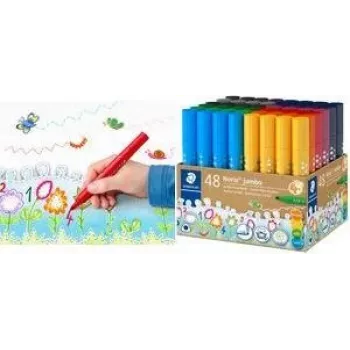 STAEDTLER Noris Jumbo 328-B KP48 flomastri, 48 različnih barv, 3,0 mm vlaknena konica, trikotno ohišje, pralno črnilo, prezračen pokrovček, lonček za večkratno uporabo