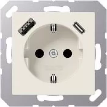 JUNG A 1520-15 CA vtičnica SCHUKO 16 A 250 V s polnilnikom USB 1 x tip A + 1 x tip C, Safety Plus, serija AS, bela (ivory)