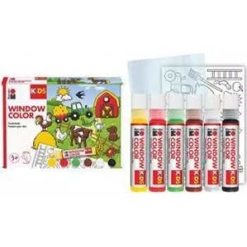 Marabu KiDS Window Color set Farm, 6 x 25 ml odstranljiva barva za okna, na vodni osnovi, odstranljiva, 1 set (0306000000006)