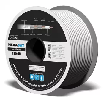 Megasat koaksialni kabel 100 m, štirislojno oklopljen, 120 dB, 75 Ohm, F-tip Ready 100066