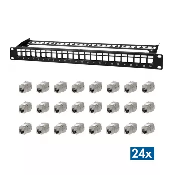 LogiLink PrimeLine 24-Port oklopljen Cat.6A Keystone patch panel, 19-palčni 1U, črn (RAL9005), 24x Keystone moduli priloženi NK5001