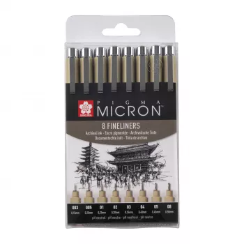 SAKURA Pigma Micron set finelinerjev, 8-delni, črn, različne velikosti konic od 0,15 mm do čopiča POXSDK8