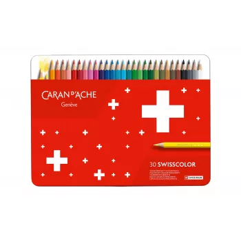 CARAN D'ACHE Swisscolor vodoodporne barvice, 30 različnih barv, cedrovina, šestrobne, kovinska škatla 1284.730