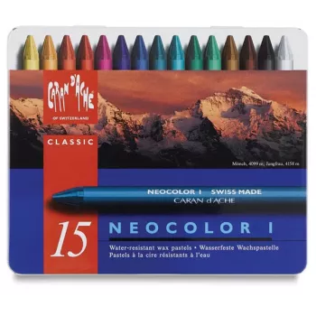 Caran d'Ache Neocolor I voščene barvice, 15 različnih barv, okrogle, papirnati ovoj, kovinska škatla 7000.315