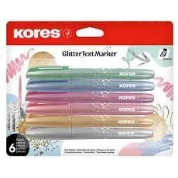 Kores set bleščečih markerjev, klinasta konica 3-5 mm, 6 svetlečih bleščečih barv, na vodni osnovi, hitro sušeči, odporni na razmazovanje, prezračen pokrovček, nestrupeni TM36300