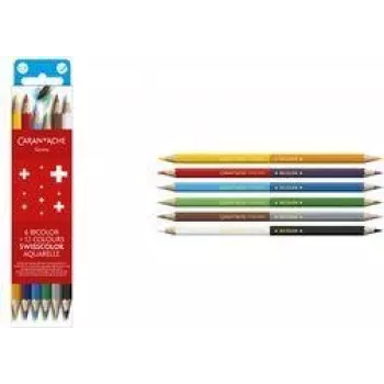 Caran d'Ache Swisscolor Bicolor Aquarelle barvni svinčniki topni v vodi, 6 dvobarvnih svinčnikov = 12 barv, šestkotni, FSC cedra 1285.706