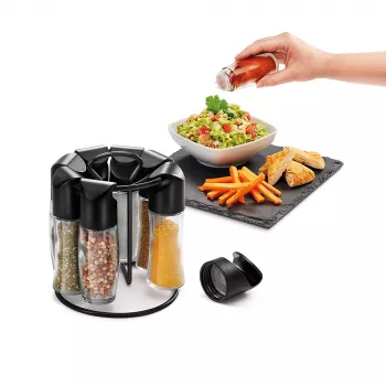 Metaltex Spice 8 vrtljivo stojalo za začimbe, okroglo, črno, z 8 praznimi steklenimi posodicami 252876080