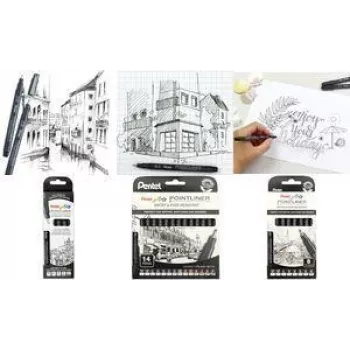 PentelArts Permanent Fineliner Pointliner set 8 kosov, črn, 0,03 mm do 0,8 mm + čopič YS20P-8