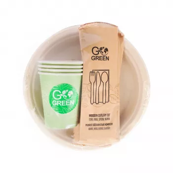 GOGREEN kompostljiv piknik set posode za 4 osebe, 24 delov, rastlinski, naravno bel