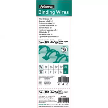 Fellowes 14 mm 34-obročni srebrni Twin Loop žični vezni glavniki za A4, 130 listov, 100 kosov (54454)