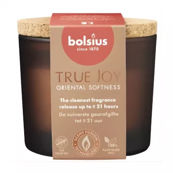 Bolsius True Joy Oriental Softness dišeča sveča v kozarcu s plutovinastim pokrovom, Ø66x83 mm