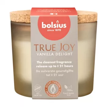 BOLSIUS True Joy Vanilla Delight dišeča sveča v kozarcu s plutovinastim pokrovom, Ø66x83 mm