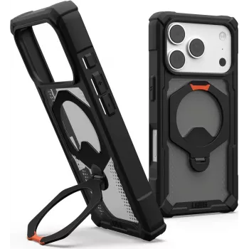 UAG Urban Armor Gear Plasma XTE 360 MagSafe ovitek s stojalom za Apple iPhone 18 Pro/17 Pro - prozorno siva s črnimi in oranžnimi poudarki 114573114097