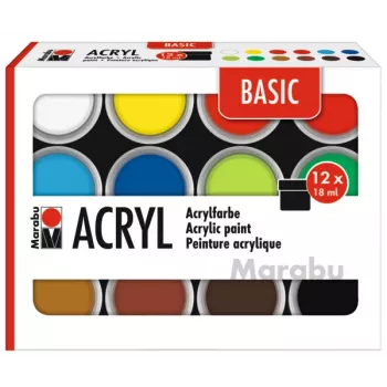 Marabu BASIC komplet akrilnih barv, 12 x 18 ml, visoka pigmentacija, zelo visoka svetlobna obstojnost 1210000000214