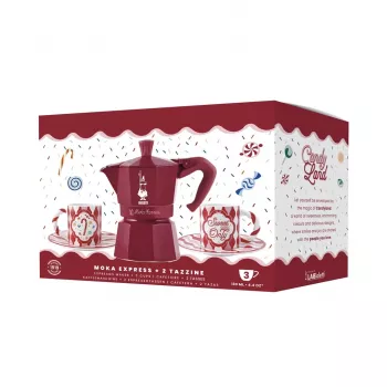Bialetti Candyland Moka Express 3TZ ročni aparat za kavo set, 150 ml, rdeč + 2 skodelici