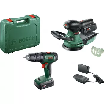 Bosch DIY set UniversalImpact 18V + AdvancedOrbit 18V, 2x 2.0Ah Li-Ion baterija, akumulatorski udarni vrtalnik + akumulatorski ekscentrični brusilnik, zelen (06039D410A)
