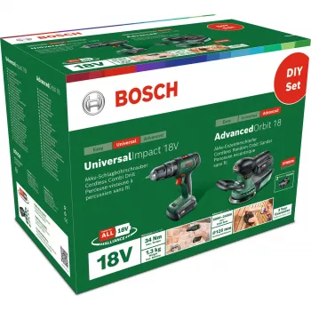 Bosch DIY set UniversalImpact 18V + AdvancedOrbit 18V, 2x 2.0Ah Li-Ion baterija, akumulatorski udarni vrtalnik + akumulatorski ekscentrični brusilnik, zelen (06039D410A)