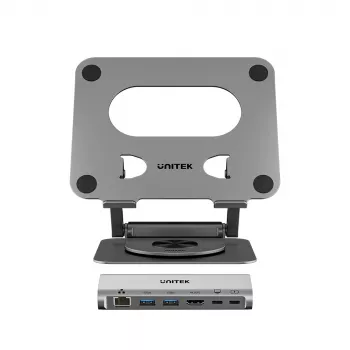 Unitek stojalo za prenosnik z odstranljivim 5-v-1 USB-C hubom – 2x USB-A 5Gbps, HDMI 4K@60Hz, RJ45, PD 100W (D1109CGY01)