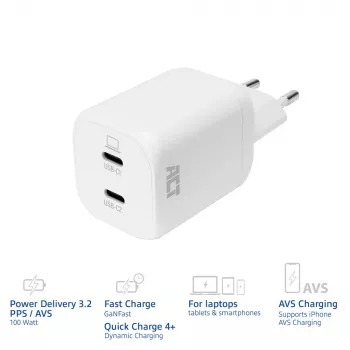 ACT USB-C polnilnik 100W 2-vratni s Power Delivery 3.2, PPS, AVS, QuickCharge in GaNFast
