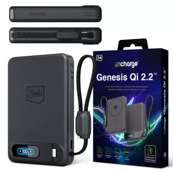 3mk incharge Genesis Qi2 25W brezžični polnilnik + PD 45W z vgrajenim USB-C kablom, črn