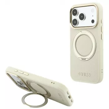 Guess Ring Stand 360 Grained Classic Logo MagSafe ovitek za iPhone 18 Pro Max / 17 Pro Max bež