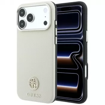 Ovitek Guess Grained Round Strass Logo MagSafe za iPhone 18 Pro Max / 17 Pro Max bež
