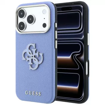 Guess ovitek z zrnato strukturo in velikim logotipom iz smole za iPhone 18 Pro / 17 Pro, moder