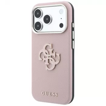Guess ovitek z reliefno teksturo in velikim logotipom iz smole za iPhone 18 Pro / 17 Pro, roza