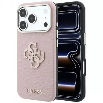 Guess ovitek z reliefno teksturo in velikim logotipom iz smole za iPhone 18 Pro Max / 17 Pro Max, roza