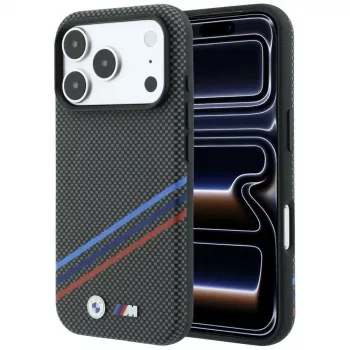 BMW M Quadrille Kevlar Print Tricolor Lines & Metal Logo ovitek MagSafe za iPhone 18 Pro Max / 17 Pro Max, antracit