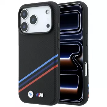 BMW M Quadrille Kevlar Print Tricolor Lines & Metal Logo ovitek MagSafe za iPhone 18 Pro Max / 17 Pro Max, črn