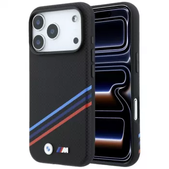 BMW M Quadrille Kevlar Print Tricolor Lines & Metal Logo ovitek MagSafe za iPhone 18 Pro / 17 Pro, črn