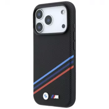 BMW M Quadrille Kevlar Print Tricolor Lines & Metal Logo ovitek MagSafe za iPhone 18 Pro / 17 Pro, črn