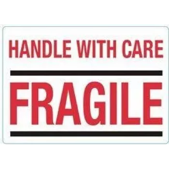 rillprint opozorilne etikete HANDLE WITH CARE / FRAGILE, trajno lepljive, belo-rdeče