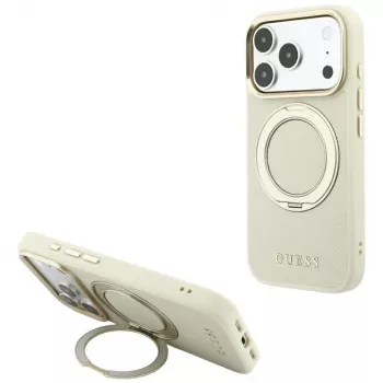 Guess GUE005667 ovitek Ring Stand 360 Grained Classic Logo MagSafe za iPhone 18 Pro / 17 Pro, bež