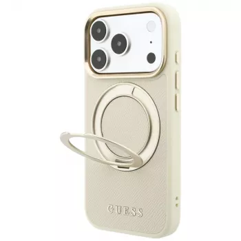 Guess GUE005667 ovitek Ring Stand 360 Grained Classic Logo MagSafe za iPhone 18 Pro / 17 Pro, bež