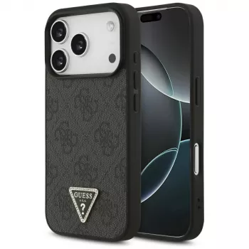 Guess Leather 4G Triangle Strass MagSafe ovitek za iPhone 18 Pro / 17 Pro, črn