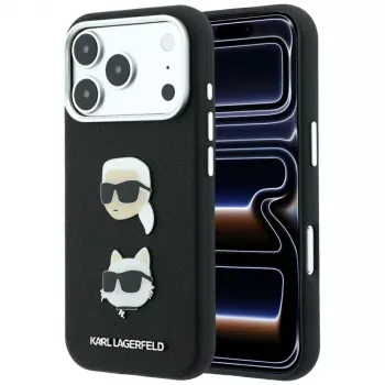 Karl Lagerfeld KF003249 ovitek Saffiano with Karl & Choupette Heads Pins & Logo, črn, za iPhone 18 Pro / 17 Pro