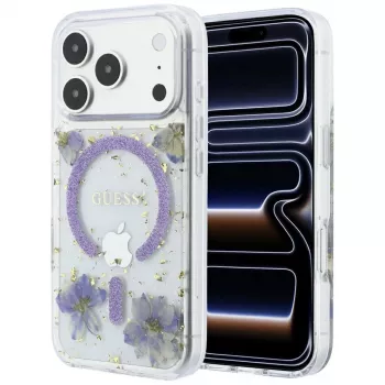 Guess GUE005781 Resin Flowers Glitter MagSafe ovitek za iPhone 18 Pro / 17 Pro, vijoličen